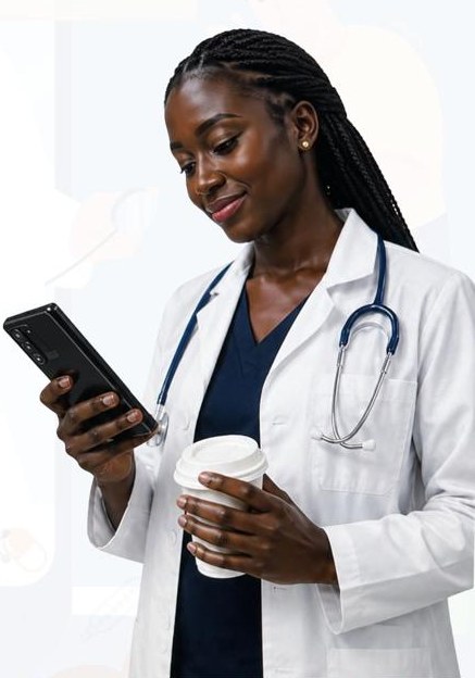 Professionnelle de santé consultant l'application Med Safety sur son téléphone